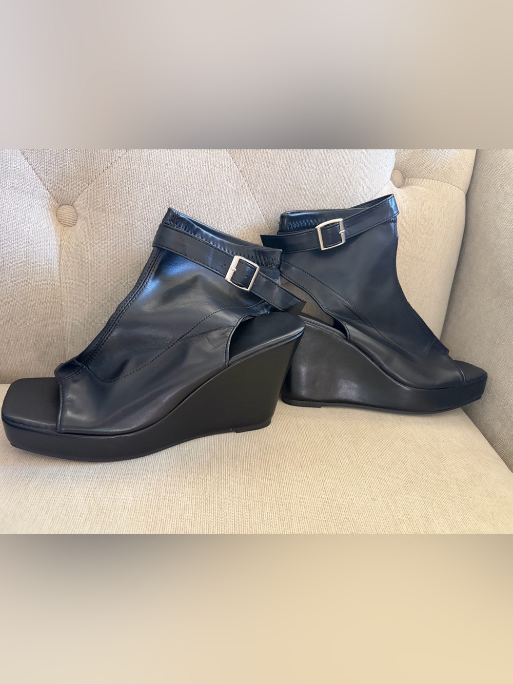 Women’s Black faux Leather Wedge Ankle Sandal with Buckle Strap